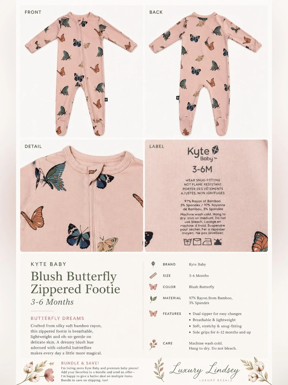Kyte BABY Blush Butterfly Zippered Footie | 3–6 Months